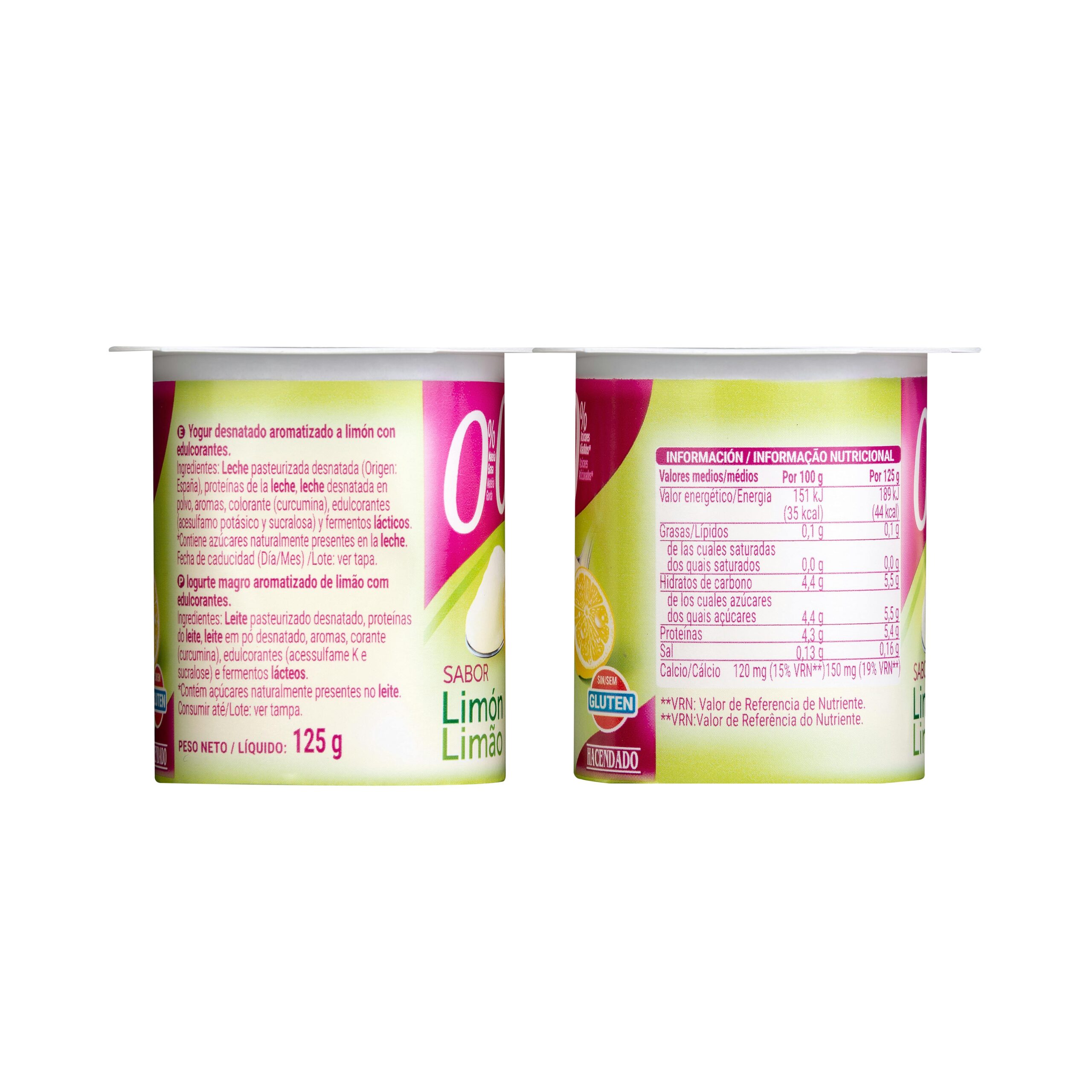 Etiqueta Yogur sabor limón Hacendado 0% m.g 0% sin azúcares añadidos